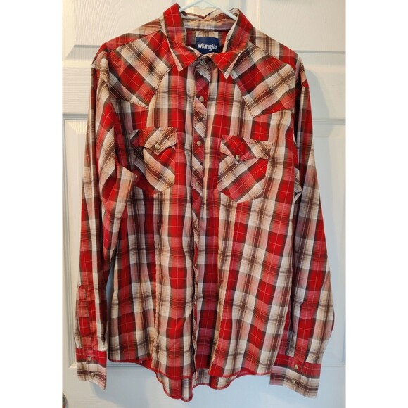 Vintage Men's Wrangler Red Tan Plaid Pearl Snap Long Sleeve Shirt - XL - Picture 1 of 10